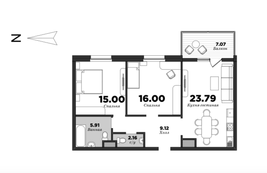 NEVA HAUS, 2 bedrooms, 75.49 m² | planning of elite apartments in St. Petersburg | М16